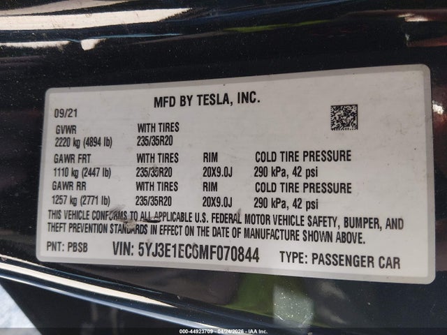 Aukcja sprzedaży 2021 Tesla Model 3 Performance Dual Motor All-wheel Drive, vin: 5YJ3E1EC6MF070844, numer aukcji: 44923709