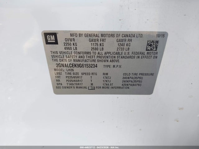 Продаж на аукціоні авто 2016 Chevrolet Equinox Lt, vin: 2GNALCEK9G6153234, номер лоту: 44923712