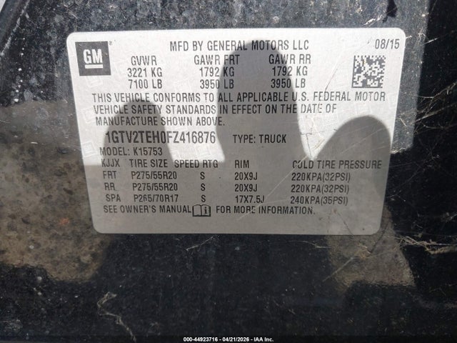 44923716 :رقم المزاد ، 1GTV2TEH0FZ416876 vin ، 2015 Gmc Sierra 1500 مزاد بيع