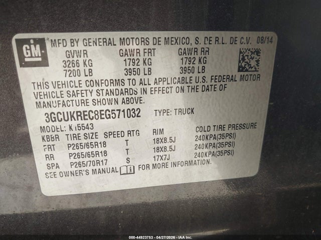 Продаж на аукціоні авто 2014 Chevrolet Silverado 1500 1lt, vin: 3GCUKREC8EG571032, номер лоту: 44923753