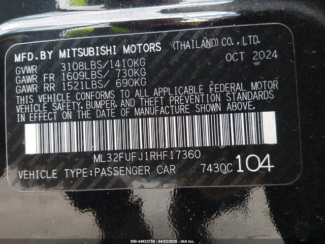 Продажа на аукционе авто 2024 Mitsubishi Mirage G4 Es, vin: ML32FUFJ1RHF17360, номер лота: 44923759