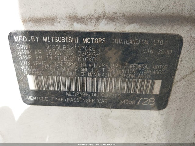 Продаж на аукціоні авто 2020 Mitsubishi Mirage Es, vin: ML32A3HJ0LH007219, номер лоту: 44923760