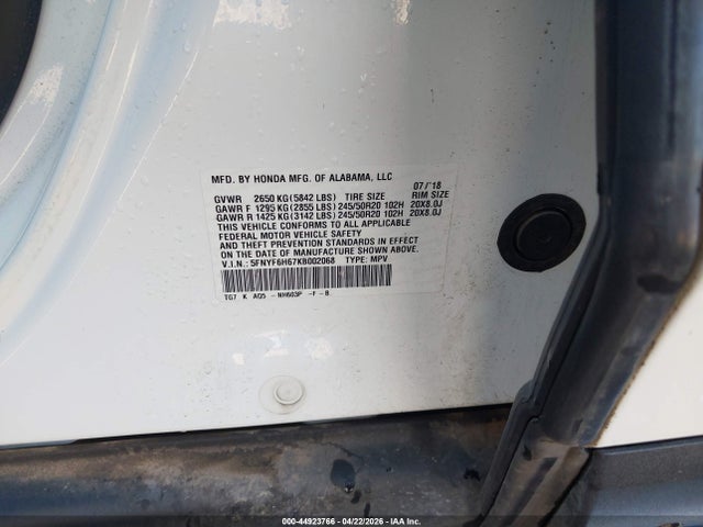 Продаж на аукціоні авто 2019 Honda Pilot Touring, vin: 5FNYF6H67KB002068, номер лоту: 44923766