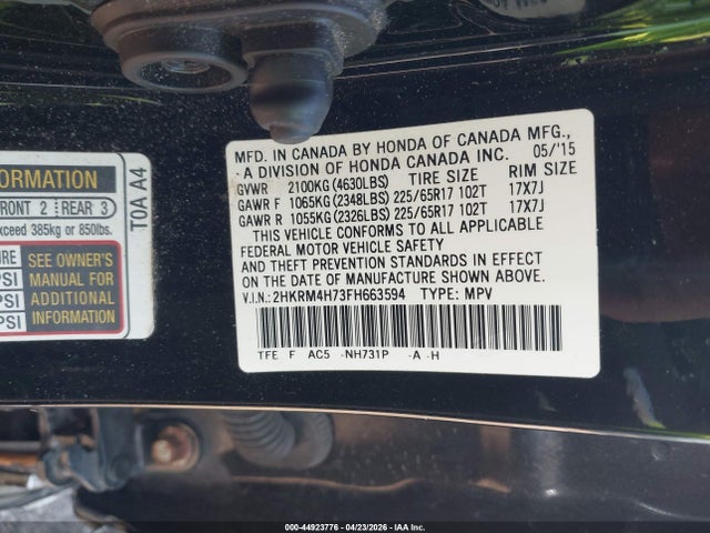44923776 :رقم المزاد ، 2HKRM4H73FH663594 vin ، 2015 Honda Cr-v Ex-l مزاد بيع