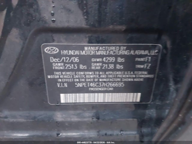 Aukcja sprzedaży 2007 Hyundai Sonata Gls, vin: 5NPET46C37H266695, numer aukcji: 44923779