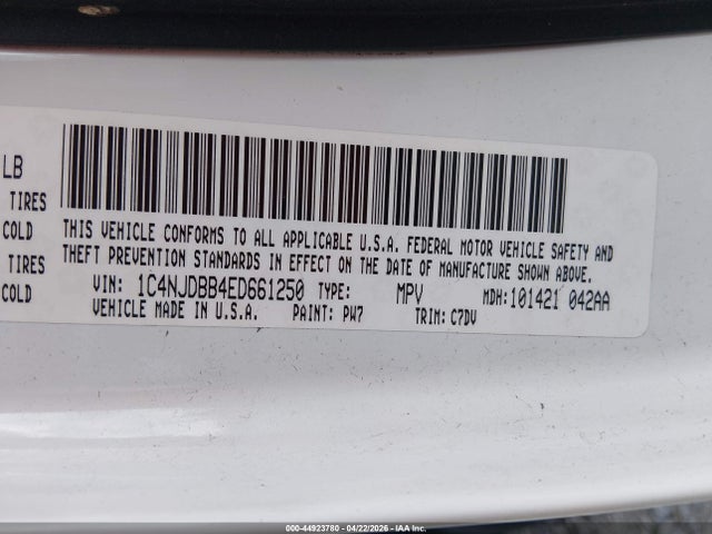 44923780 :رقم المزاد ، 1C4NJDBB4ED661250 vin ، 2014 Jeep Compass Sport مزاد بيع
