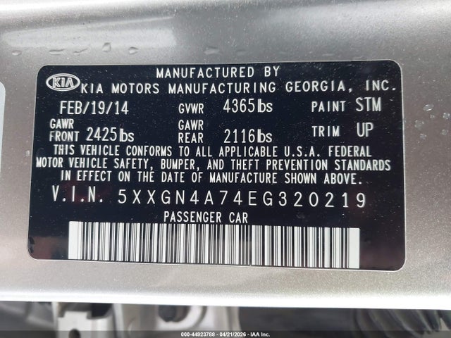 44923788 :رقم المزاد ، 5XXGN4A74EG320219 vin ، 2014 Kia Optima Ex مزاد بيع