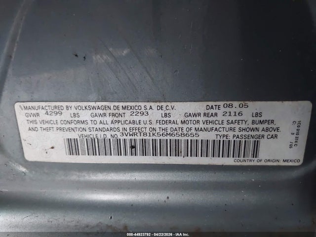 2006 Volkswagen Jetta Tdi მანქანა იყიდება აუქციონზე, vin: 3VWRT81K56M658655, აუქციონის ნომერი: 44923792
