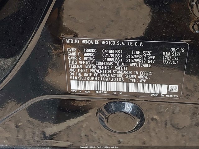 44923795 :رقم المزاد ، 3CZRU6H71KM730106 vin ، 2019 Honda Hr-v Ex-l مزاد بيع