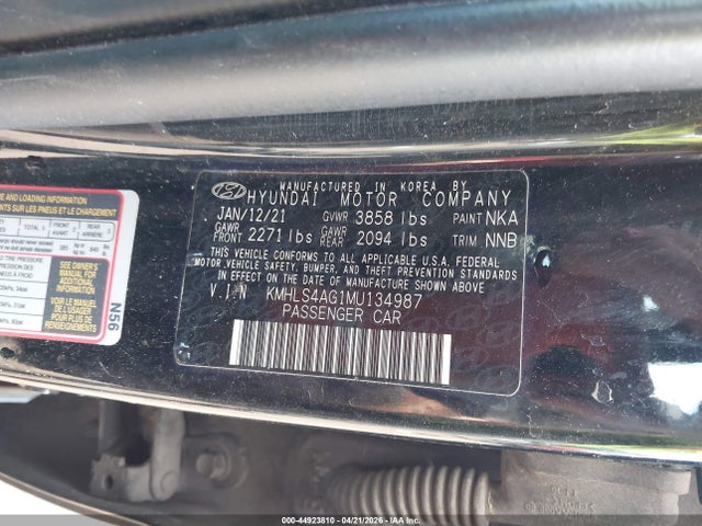 Aukcja sprzedaży 2021 Hyundai Elantra Sel, vin: KMHLS4AG1MU134987, numer aukcji: 44923810