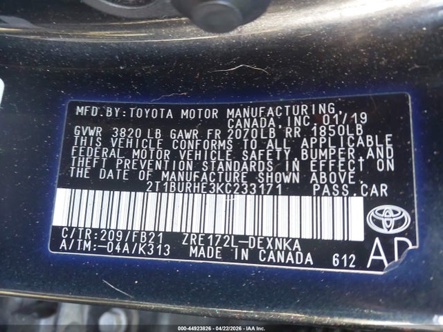 Продаж на аукціоні авто 2019 Toyota Corolla Le, vin: 2T1BURHE3KC233171, номер лоту: 44923826