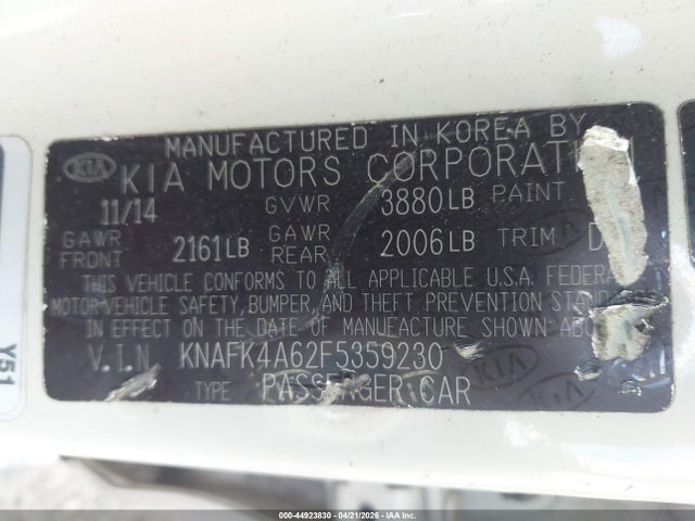 2015 Kia Forte Lx მანქანა იყიდება აუქციონზე, vin: KNAFK4A62F5359230, აუქციონის ნომერი: 44923830