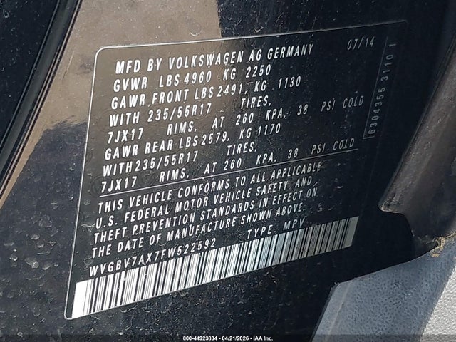 44923834 :رقم المزاد ، WVGBV7AX7FW522592 vin ، 2015 Volkswagen Tiguan Se مزاد بيع