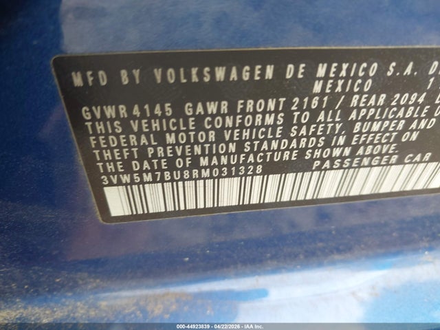 Aukcja sprzedaży 2024 Volkswagen Jetta 1.5t S, vin: 3VW5M7BU8RM031328, numer aukcji: 44923839