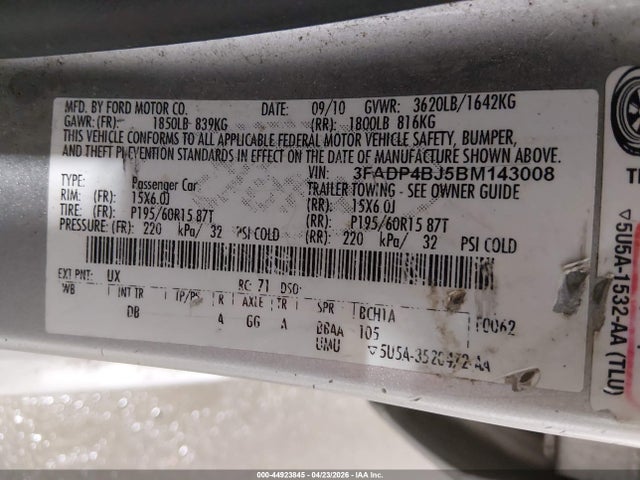 Aukcja sprzedaży 2011 Ford Fiesta Se, vin: 3FADP4BJ5BM143008, numer aukcji: 44923845