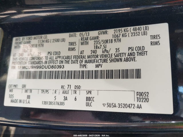 2013 Ford Escape Sel მანქანა იყიდება აუქციონზე, vin: 1FMCU9H99DUD80393, აუქციონის ნომერი: 44923859