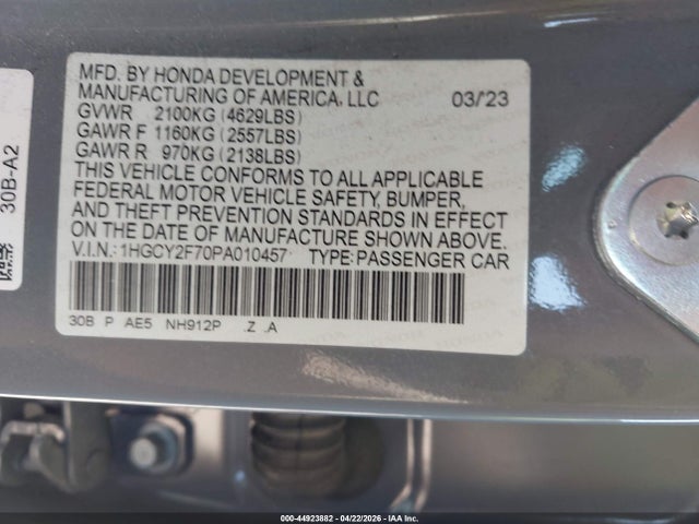 Продажа на аукционе авто 2023 Honda Accord Hybrid Sport-l, vin: 1HGCY2F70PA010457, номер лота: 44923882
