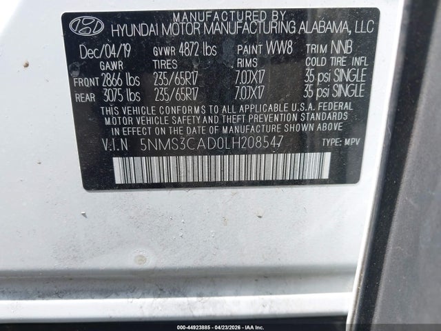 44923885 :رقم المزاد ، 5NMS3CAD0LH208547 vin ، 2020 Hyundai Santa Fe Sel مزاد بيع