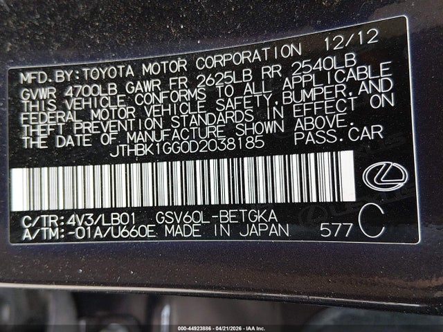 Aukcja sprzedaży 2013 Lexus Es 350, vin: JTHBK1GG0D2038185, numer aukcji: 44923886