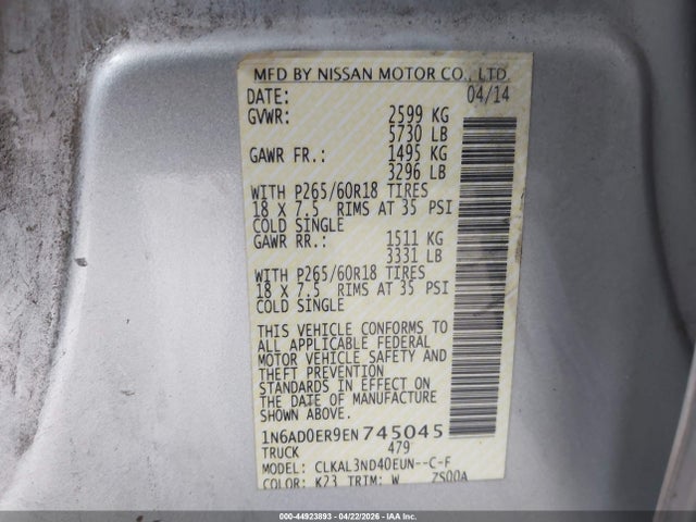 1N6AD0ER9EN745045 Nissan Frontier Sl