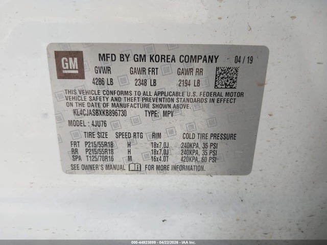 Aukcja sprzedaży 2019 Buick Encore Fwd Preferred, vin: KL4CJASBXKB896730, numer aukcji: 44923899