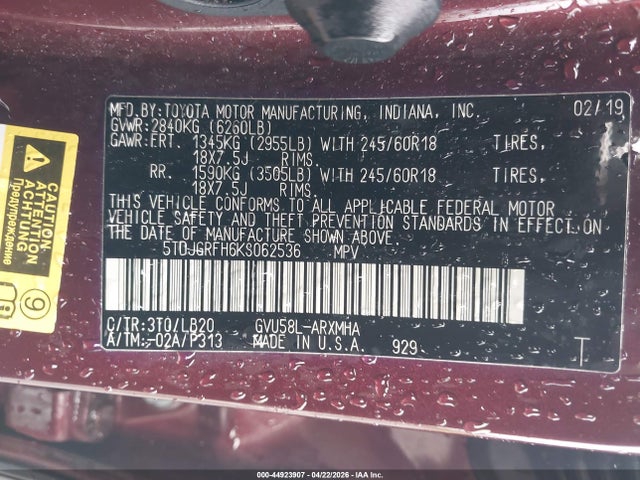 5TDJGRFH6KS062536 Toyota Highlander Hybrid Xle