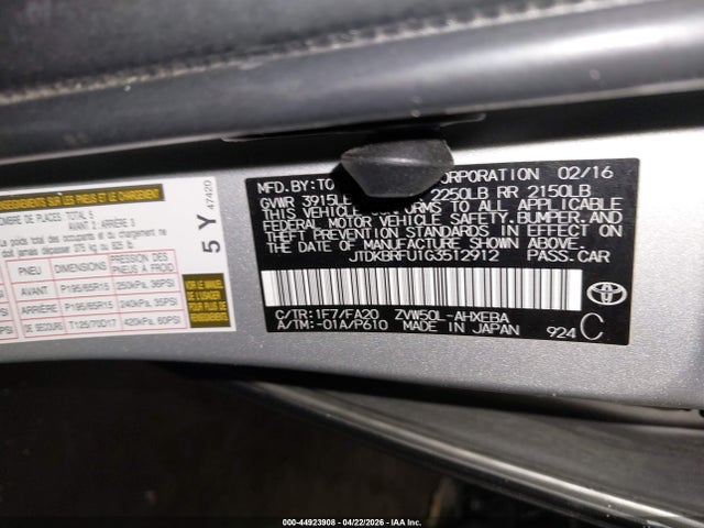 JTDKBRFU1G3512912 Toyota Prius Two