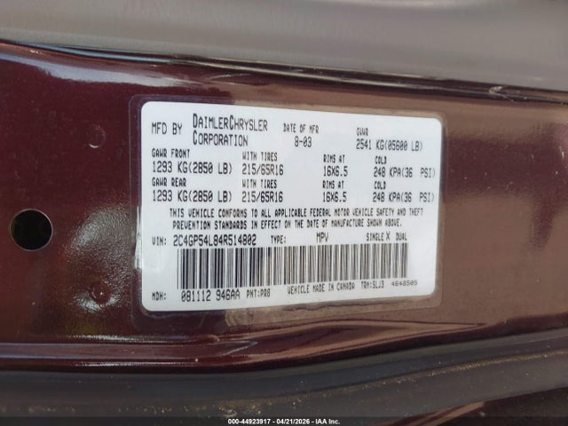Продаж на аукціоні авто 2004 Chrysler Town & Country Touring, vin: 2C4GP54L84R514802, номер лоту: 44923917