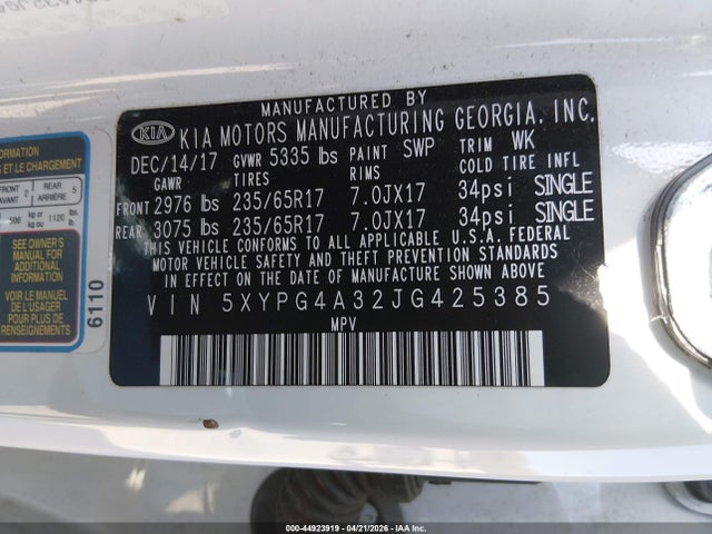44923919 :رقم المزاد ، 5XYPG4A32JG425385 vin ، 2018 Kia Sorento 2.4l Lx مزاد بيع