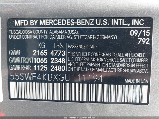 44923921 :رقم المزاد ، 55SWF4KBXGU111194 vin ، 2016 Mercedes-benz C 300 4matic مزاد بيع