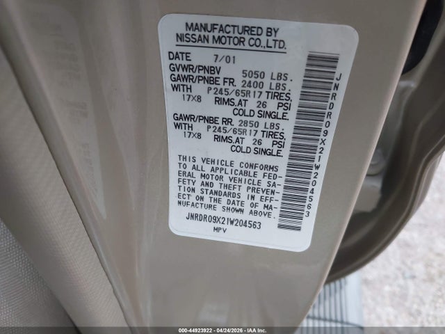 44923922 :رقم المزاد ، JNRDR09X21W204563 vin ، 2001 Infiniti Qx4 Luxury مزاد بيع