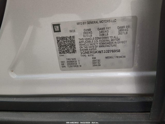 Продаж на аукціоні авто 2018 Chevrolet Traverse 1lt, vin: 1GNERGKW7JJ276958, номер лоту: 44923932