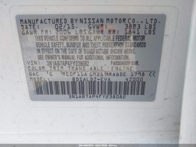 2015 Nissan Sentra Sv მანქანა იყიდება აუქციონზე, vin: 3N1AB7AP4FY238082, აუქციონის ნომერი: 44923934