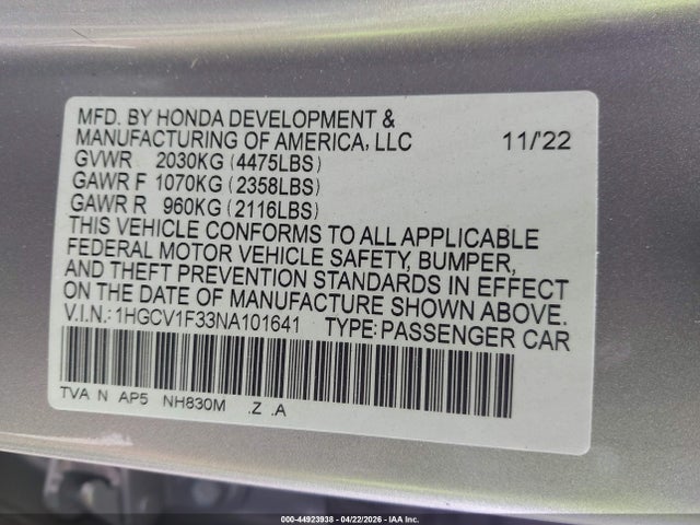 Aukcja sprzedaży 2022 Honda Accord Sport, vin: 1HGCV1F33NA101641, numer aukcji: 44923938