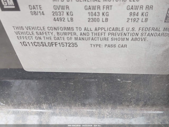 44923939 :رقم المزاد ، 1G11C5SL0FF157235 vin ، 2015 Chevrolet Malibu 1lt مزاد بيع