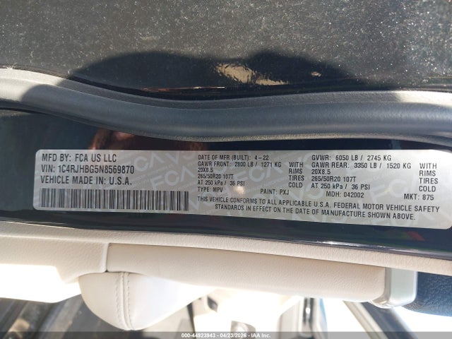 Aukcja sprzedaży 2022 Jeep Grand Cherokee Limited 4x4, vin: 1C4RJHBG5N8569870, numer aukcji: 44923943