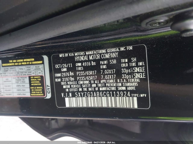 Aukcja sprzedaży 2012 Hyundai Santa Fe Gls, vin: 5XYZG3AB6CG113924, numer aukcji: 44923946