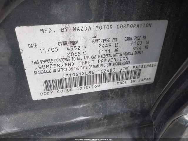 44923950 :رقم المزاد ، JM1GG12L861102480 vin ، 2006 Mazda Mazdaspeed6 Grand Touring مزاد بيع