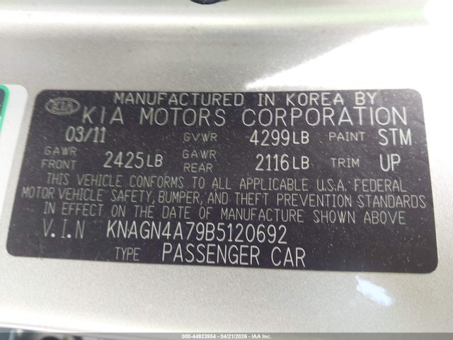 Продажа на аукционе авто 2011 Kia Optima Ex, vin: KNAGN4A79B5120692, номер лота: 44923954