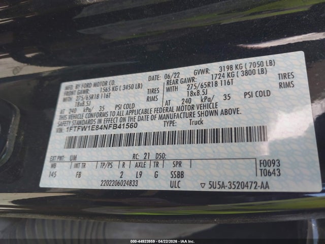Aukcja sprzedaży 2022 Ford F-150 Xlt, vin: 1FTFW1E84NFB41560, numer aukcji: 44923959