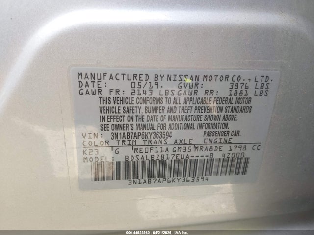 Продаж на аукціоні авто 2019 Nissan Sentra S, vin: 3N1AB7AP6KY363594, номер лоту: 44923960