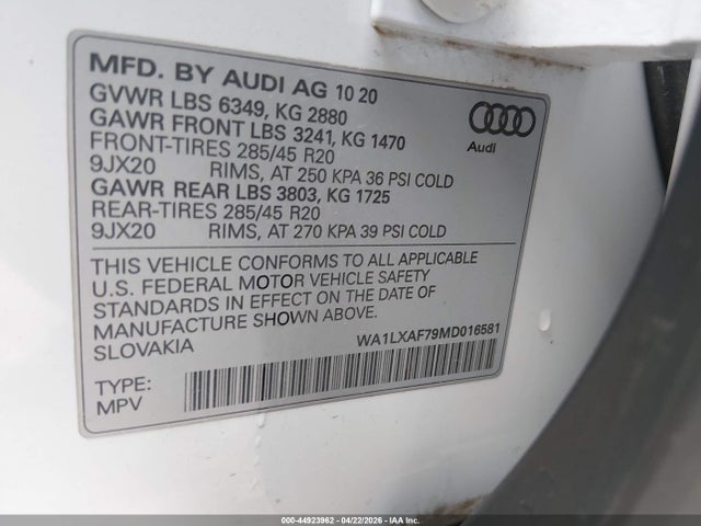 2021 Audi Q7 Premium Plus 55 Tfsi Quattro Tiptronic მანქანა იყიდება აუქციონზე, vin: WA1LXAF79MD016581, აუქციონის ნომერი: 44923962