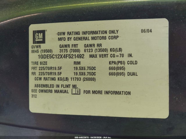 2004 Gmc C5500 მანქანა იყიდება აუქციონზე, vin: 1GDE5C12X4F521492, აუქციონის ნომერი: 44923978