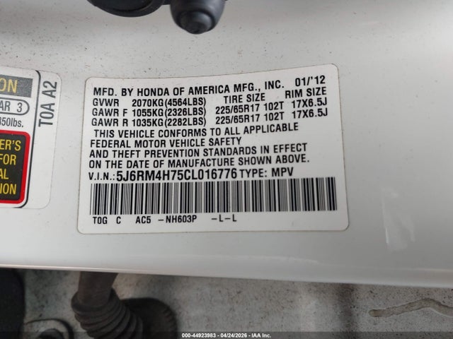 Продаж на аукціоні авто 2012 Honda Cr-v Ex-l, vin: 5J6RM4H75CL016776, номер лоту: 44923983