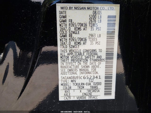 2005 Nissan Xterra S მანქანა იყიდება აუქციონზე, vin: 5N1AN08U95C652341, აუქციონის ნომერი: 44923992