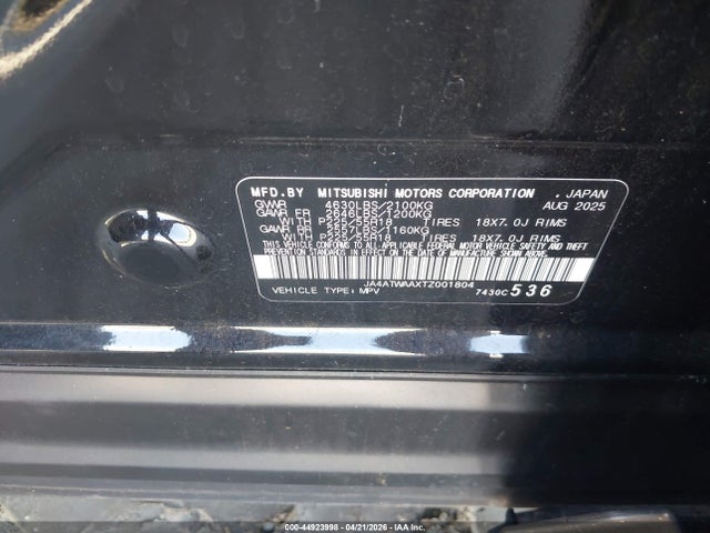 44923998 :رقم المزاد ، JA4ATWAAXTZ001804 vin ، 2026 Mitsubishi Eclipse Cross Black Edition S-awc/se S-awc/sel S-awc مزاد بيع