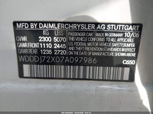 44924000 :رقم المزاد ، WDDDJ72X07A097986 vin ، 2007 Mercedes-benz Cls 550 مزاد بيع