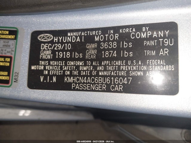 Aukcja sprzedaży 2011 Hyundai Accent Gls, vin: KMHCN4AC6BU616047, numer aukcji: 44924006