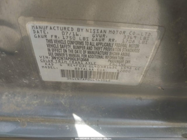 44924016 :رقم المزاد ، 3N1CN7AP0GL913568 vin ، 2016 Nissan Versa 1.6 S مزاد بيع