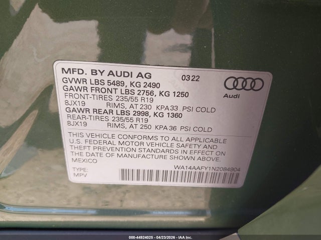 Продаж на аукціоні авто 2022 Audi Q5 Sportback Premium 45 Tfsi S Line Quattro S Tronic, vin: WA14AAFY1N2084904, номер лоту: 44924025